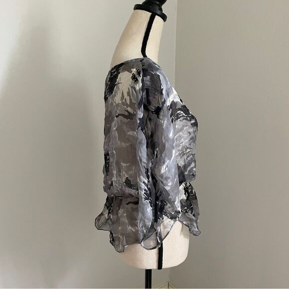 Gibson Abstract Black Sheer Peplum Blouse‎ size XS Watercolor Lightweight Top - Picture 2 of 12